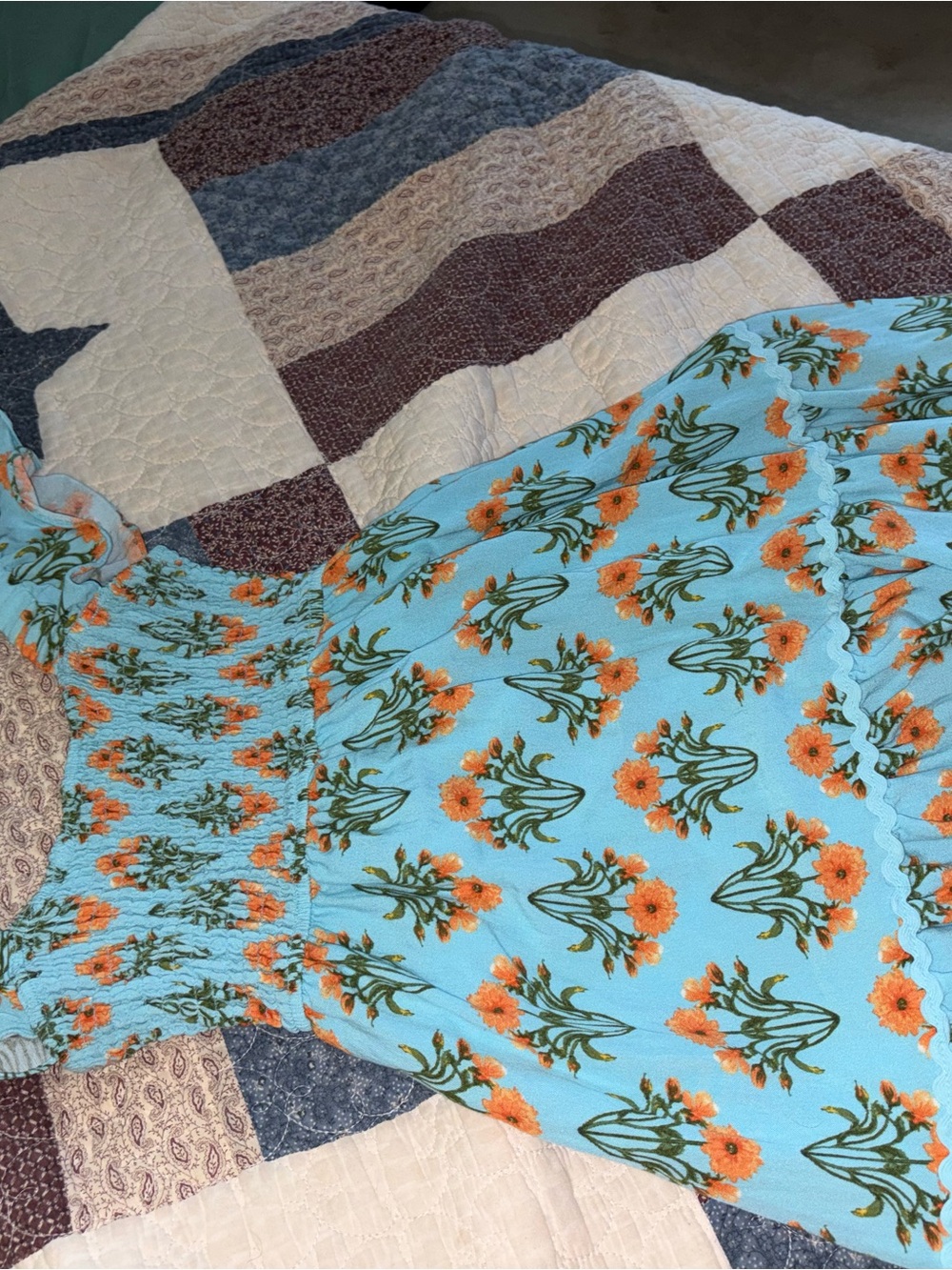 Blue Floral Smocked Sundress with Orange Flowers